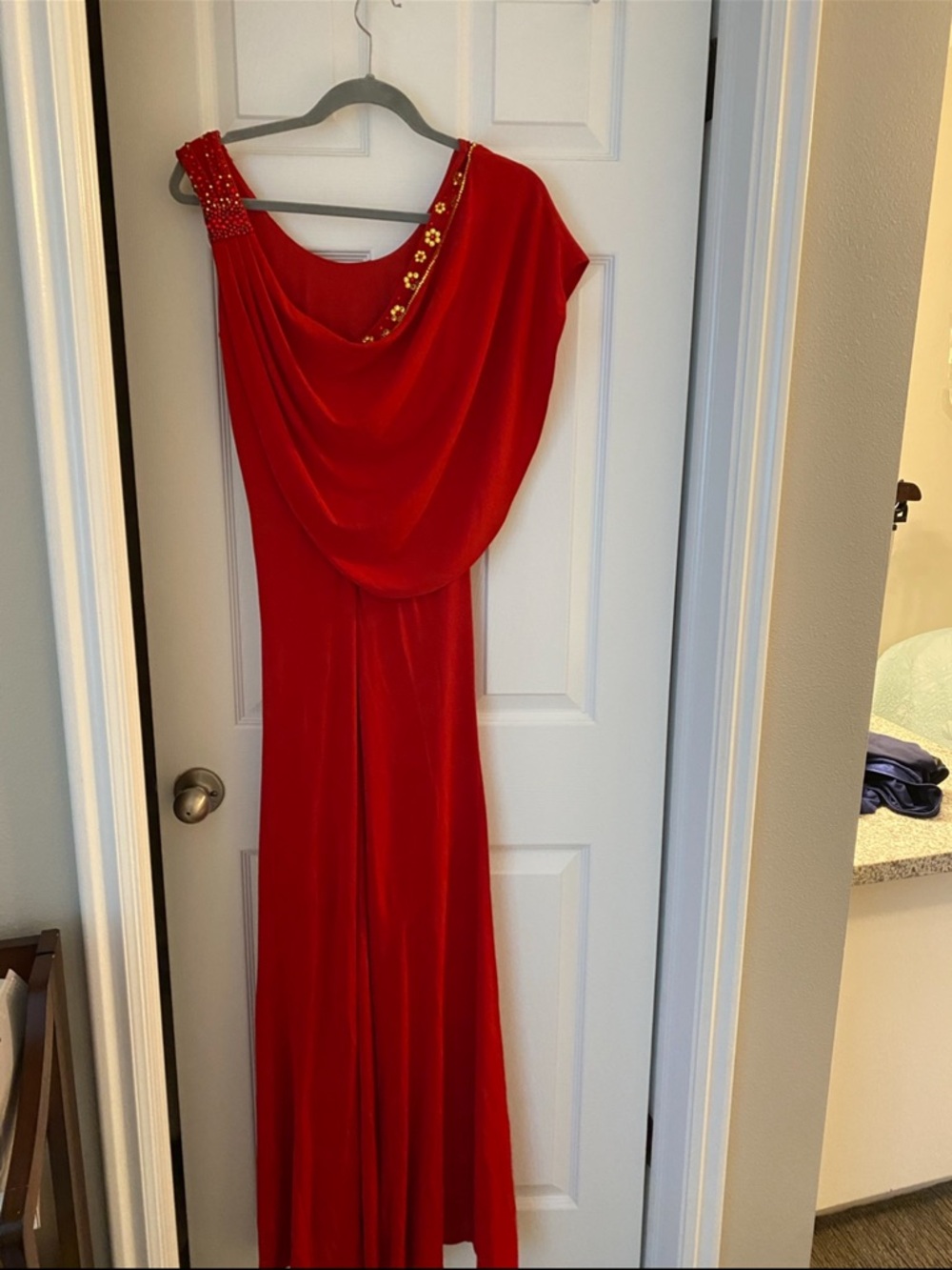 Swarovski Crystal Red Cape Dress with Pleated Shoulder - Picture 3 of 8